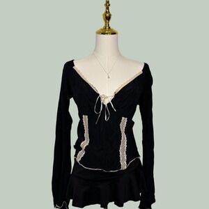 vintage Y2K fang black beige lace bow top ruffle fairy goth coquette milkmaid